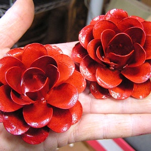TWO Large metal Orange red rose flowers for accents, embellishments, crafting, jewelry, art, woodworking, arrangements, furniture