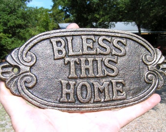 Cast Iron Bless This HOME sign, antique gold finish