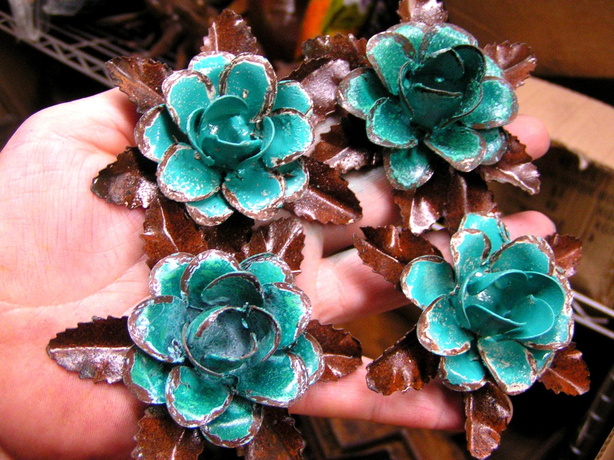 FOUR metal rose flowers and leaves for accents, embellishments, crafting, jewelry, art, woodworking, arrangements, furniture
