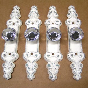 FOUR Crystal style GLASS cabinet drawer pulls knobs handles, chippy off white finish