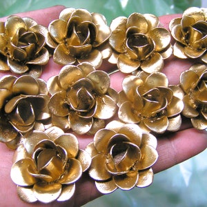 TEN small gold colored metal flowers for accents, embellishments, crafting, jewelry, art projects, woodworking, arrangements