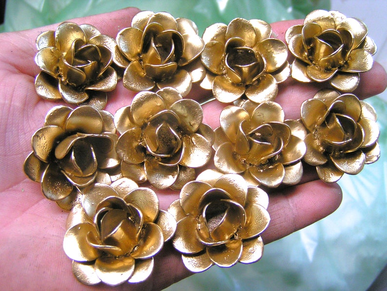 TEN small gold colored metal flowers for accents, embellishments, crafting, jewelry, art projects, woodworking, arrangements image 1