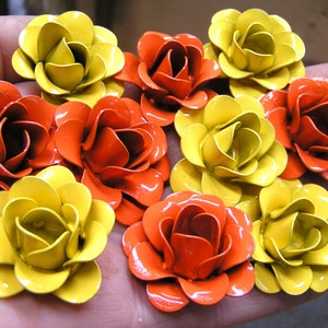 TEN small Colorful metal rose flowers for accents, embellishments, crafting, jewelry, art projects, woodworking, furniture, arrangements