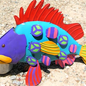 Metal Fish sculpture, HAND painted for Home, Garden Yard art, fountain or pool decoration