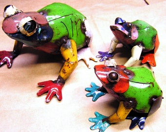 THREE Metal Art FRogs, Junk Iron Art, HAND painted Garden Yard art, or pond ,fountain, 5