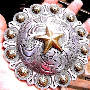 X LARGE concho, western star, silver tone etched finish, gold star & berry, 4.5 inch