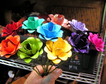TEN medium colorful metal Roses WITH stems