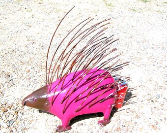 LARGE Metal Porcupine, Garden Yard Art Decor, Junk Iron Lawn Sculpture, Pink