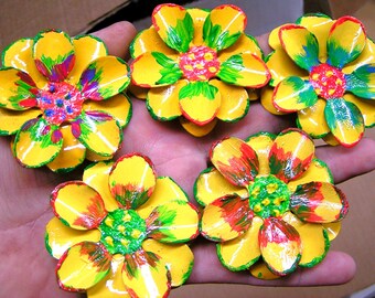 FIVE Yellow Hand Painted FLAT metal flowers for accents, embellishments, crafting, jewelry, art, arrangements, yellow