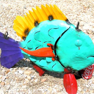 Metal Fish sculpture, Junk Iron Art, HAND painted and Distressed Garden Yard art