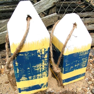 Wood Maine Lobster fishing buoys, Nautical Garden Decor, Yellow, white, blue
