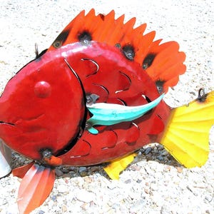 Metal Art Fish sculpture, Junk Iron Art, HAND painted and Distressed Garden Yard art, Red