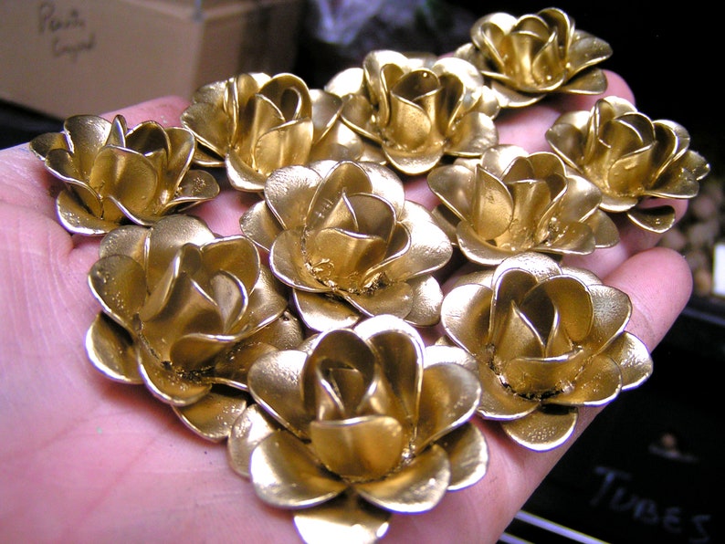 TEN small gold colored metal flowers for accents, embellishments, crafting, jewelry, art projects, woodworking, arrangements image 2