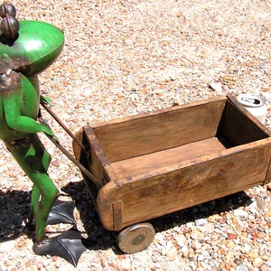 Metal Art Garden Frog sculpture with primitive brick mold cart, Yard Art