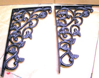 TWO Cast Iron Wall Shelf Brackets, Heavy support corbels, braces, bronze