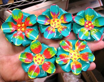 FIVE Medium Hand Painted FLAT metal rose flowers for accents, embellishments, crafting, jewelry, art, arrangements, blue green