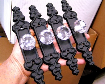 FOUR Crystal style GLASS cabinet drawer pulls knobs handles with Cast Iron backplate flat black finish