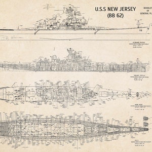 USS New Jersey Blueprint 11&quot; x 14&quot;