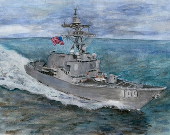 USS KIDD Watercolor Painting, Naval Ship Art (8.5x11 Matted)