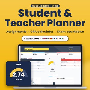 Schüler & Lehrer Planer Excel, Stundenplan, Hausaufgaben, Noten, Notenschnitt, Prüfungen, Google Sheets