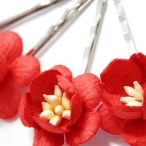 Red Cherry Blossom Hair Clip Set/ Alternative/ Bridal/ Wedding Hair Accessories/ Bridesmaid Bobby Pin/ Wedding Flower Clips F004