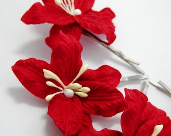 Red Lily Floral Hair Clip Set/ Traditional/ Bridal/ Wedding Hair Accessories/ Bridesmaid Bobby Pin/ Wedding Flower Clips F005