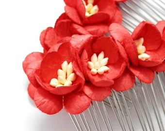 Red Cherry Blossom Floral Hair Comb Set of Two Bridal Flower Accessory F004