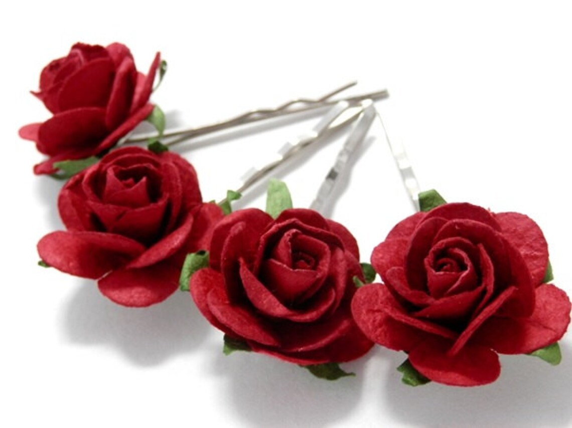 Small Red Rose Floral Hair Pin Set/ Traditional/ Bridal/ Etsy