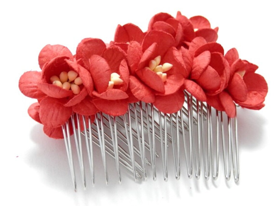 Red Cherry Blossom Floral Hair Comb Set of Two Bridal Flower - Etsy