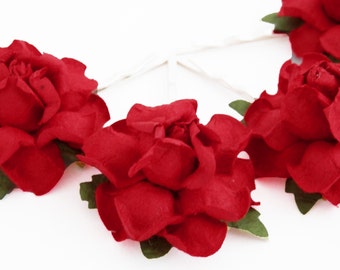 Bright Romantic Red Rose Floral Hair Clip Set/ Traditional/ Bridal/ Wedding Hair Accessories/ Bridesmaid Bobby Pin/ Wedding Flower Pins F002