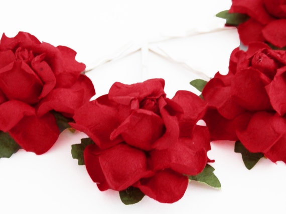 Bright Romantic Red Rose Floral Hair Clip Set Traditional Etsy