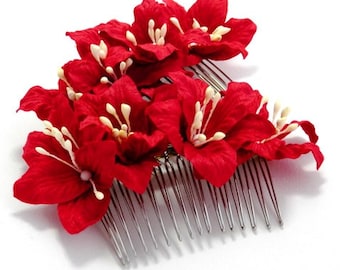 Deep Red Lily Floral Hair Comb Set/ Summer/ Bright Rouge/ Bridal/ Wedding Hair Accessories/ Bridesmaid Hair Piece F005