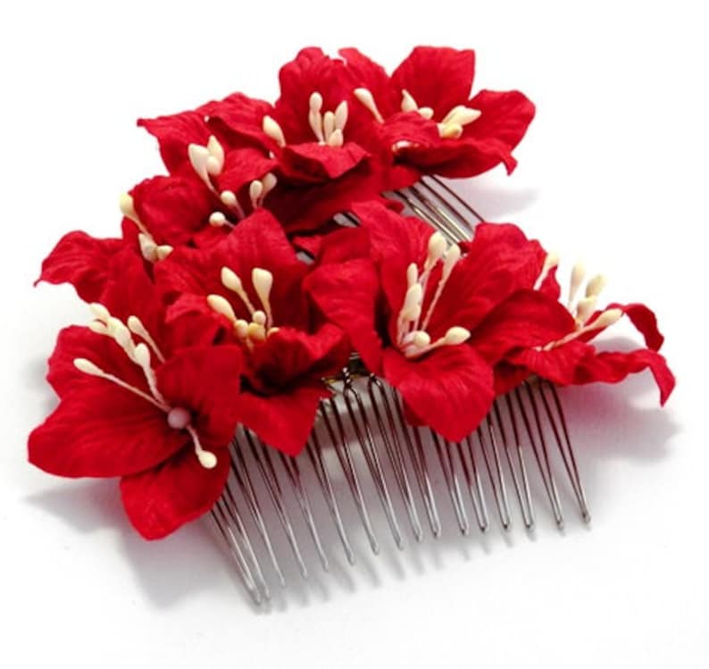 Deep Red Lily Floral Hair Comb Set/ Summer/ Bright Rouge/ Bridal ...