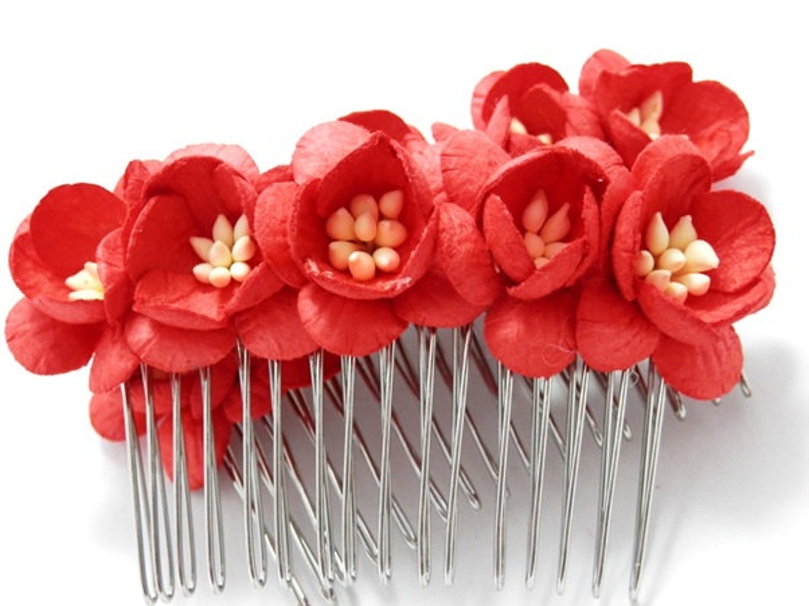 Red Cherry Blossom Floral Hair Comb Set of Two Bridal Flower - Etsy