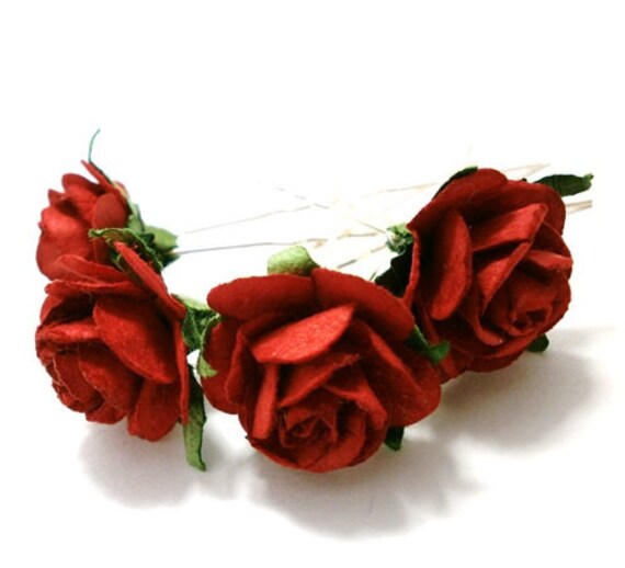 Red Open Rose Floral Hair Pin Set Traditional Bridal Etsy