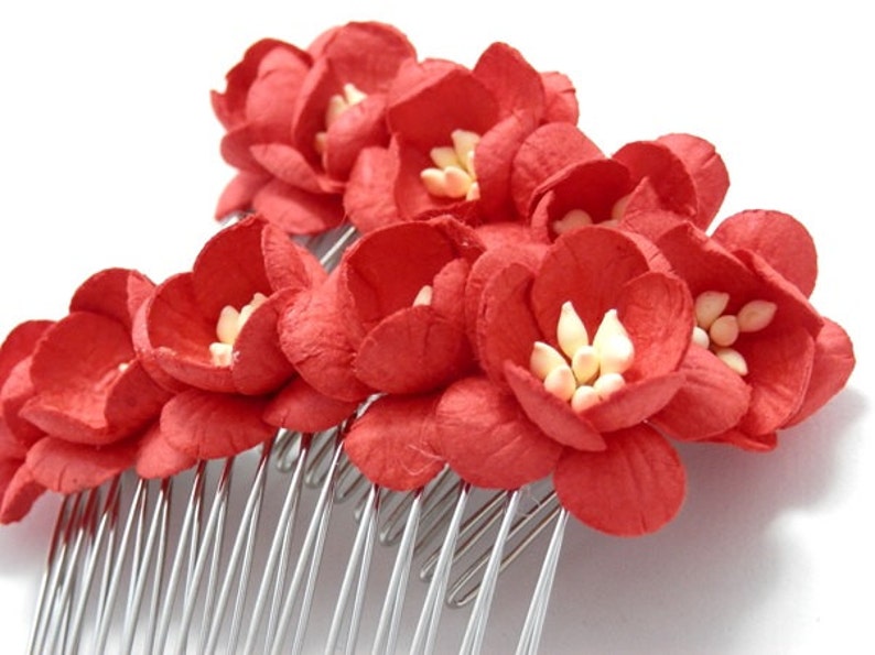 Red Cherry Blossom Floral Hair Comb Set of Two Bridal Flower - Etsy