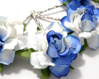 Two Tone White & Blue Rose Floral Hair Clip Set/ Unique/ Bridal/ Wedding Hair Accessories/ Bridesmaid Bobby Pin/ Wedding Flower Clip F012