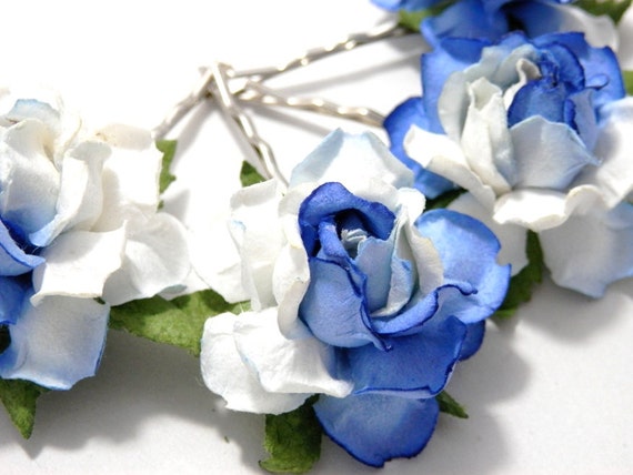 Two Tone White & Blue Rose Floral Hair Clip Set/ Unique  display picture 2
