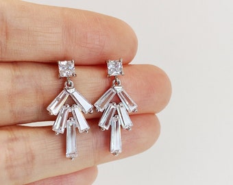 Zircon Pave Chandelier Earrings in Sterling Silver, Art Deco Earrings, Crystal Baguette Fan Earrings, Wedding CZ Drop Earrings