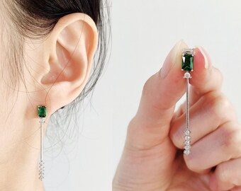 Emerald Earrings, Ruby Earrings, Minimalist earrings, Dainty earrings, Geometric CZ Long Stick Earrings, Delicate Thread Earrings