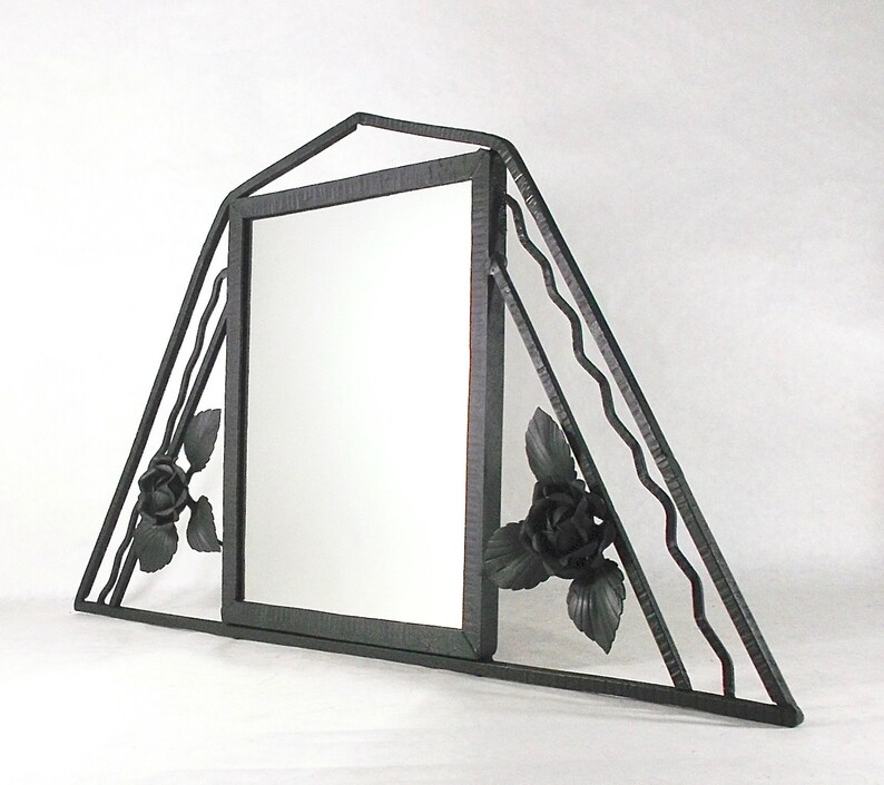 French Wrought Iron Art Deco Framed Mirror Black Frame