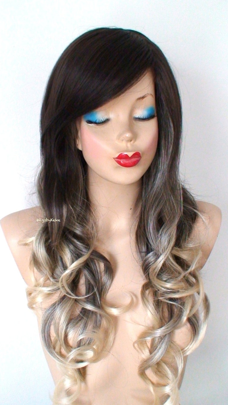 Brown Blonde Ombre Wig Long Curly Hair Long Side Bangs Wig Etsy