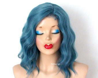 Pastel wig. Teal blue wig.  Beach wave hairstyle wig. Heat friendly synthetic wig for women. Everyday wig. Cosplay wig.