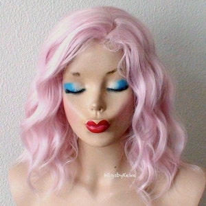 Pastel Pink wig. Short pink curly wig. 16" Wavy wig. Heat friendly synthetic hair wig.