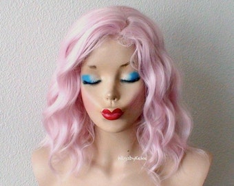 Pastel Pink wig. Short pink curly wig. 16" Wavy wig. Heat friendly synthetic hair wig.