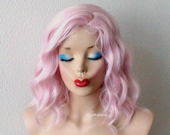 Pastel Pink wig. Short pink curly wig. 16&quot; Wavy wig. Heat friendly synthetic hair wig.