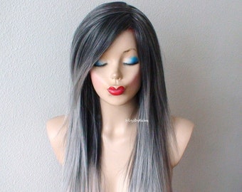 Grey Ombre wig. Salt-paper gray wig. 28" Straight hair side bangs wig. Heat friendly synthetic hair wig.