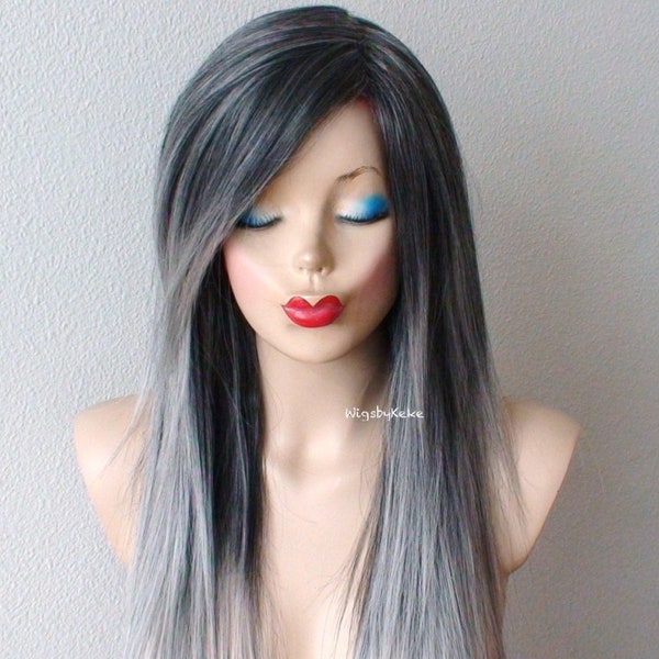 Grey Ombre wig. Salt-paper gray wig. 28" Straight hair side bangs wig. Heat friendly synthetic hair wig.