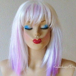 White Lavender Ombre wig. 16" Straight hair with bangs wig. Heat friendly synthetic hair wig.