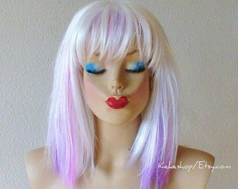 White Lavender Ombre wig. 16" Straight hair with bangs wig. Heat friendly synthetic hair wig.